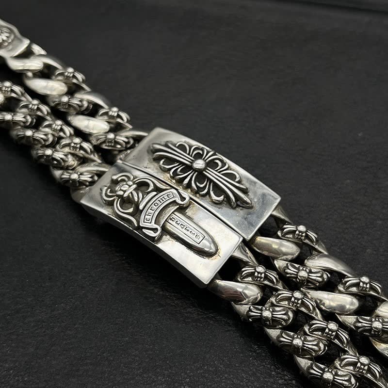 Chrome Hearts Silver Tone Chain Bracelet with Floral and Sword Design